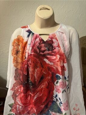 Simply Emma White Tunic with Red & Orange Floral Print and Rhinestones